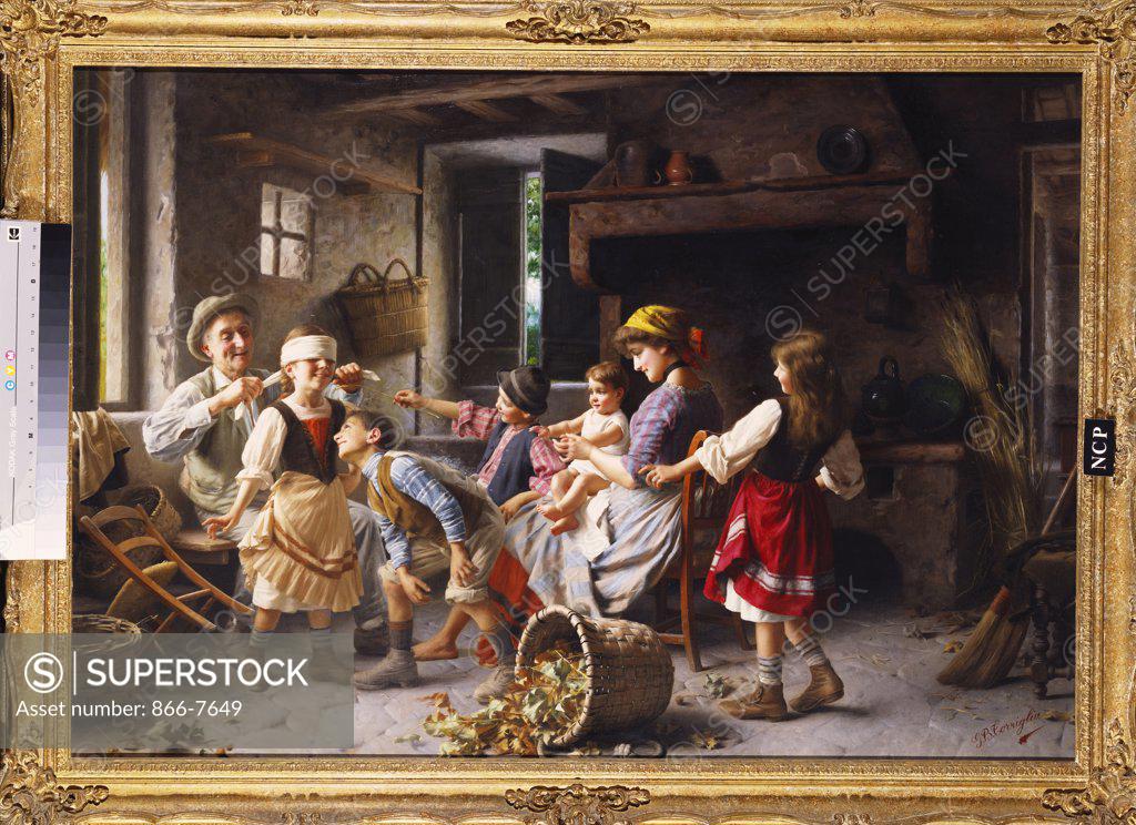 Stock Photo: 866-7649 Blind Man's Buff. Giovanni Battista Torriglia (1858-1937). Oil on canvas, 73.7 x 110.8cm. Catalogue no. 569c
