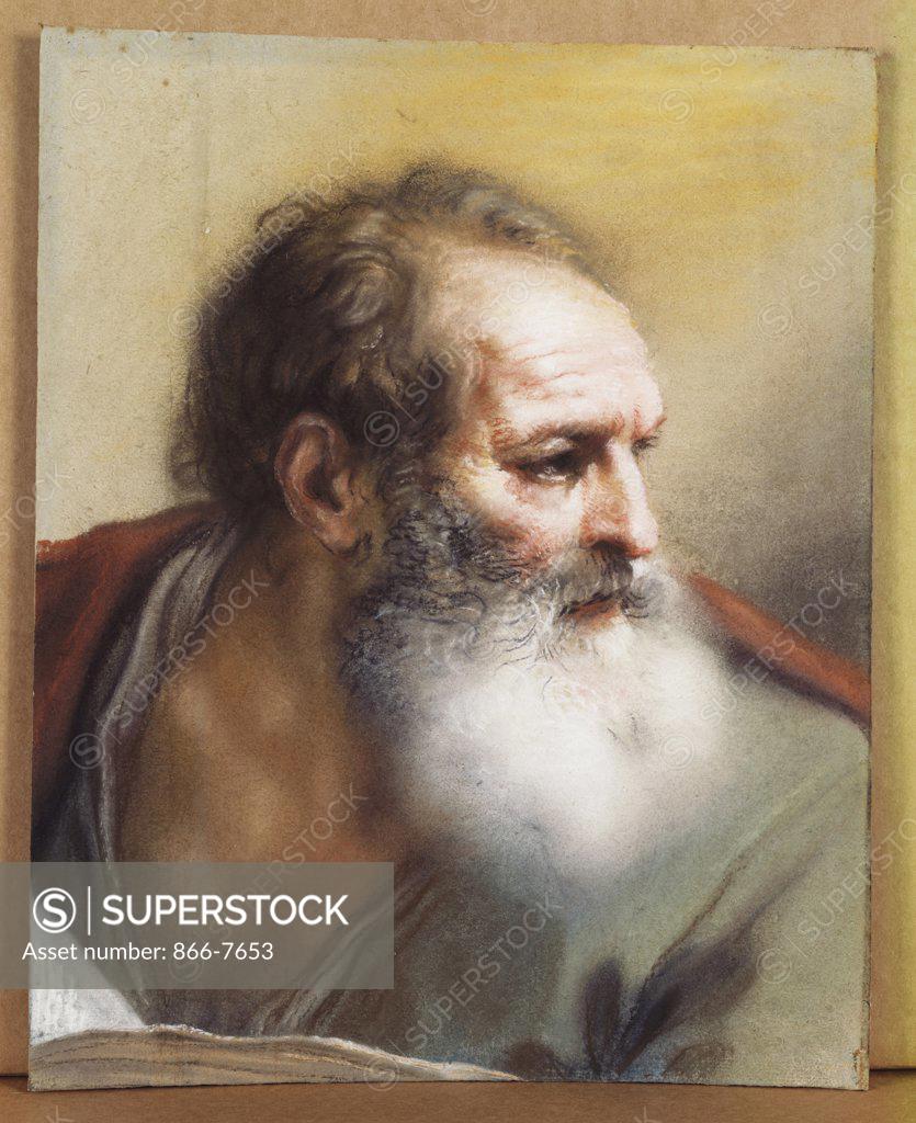 Stock Photo: 866-7653 The Head of a Bearded Man looking down to the Right. Benedetto Luti (1666-1724). Dated Roma 1712, pastel, 410 x 330mm.
