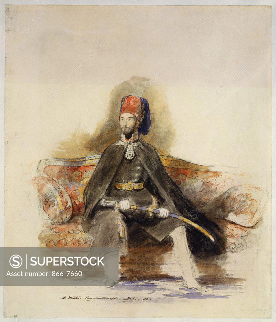 Stock Photo: 866-7660 Portrait of Abu-ul-mejid Sultan of Turkey seated full length in military dress wearing the Order of Glory holding a ceremonial sword and sitting on a red damask sofa. Sir David Wilkie, R.A. (1785-1841). Pencil, black and red chalk and watercolour heightened with white and gold bodycolour on stone-coloured paper, 15 1/8 x 13in.