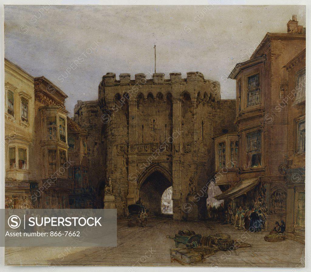 Stock Photo: 866-7662 The Bar Gate, Southampton.  William Callow (1812-1908). Dated 1888, watercolour heightened with gum arabic on oatmeal paper, 15 1/2 x 17 3/4in.