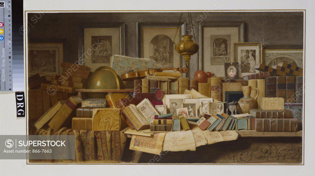 Stock Photo: 866-7663 A Connoisseur's Corner.  Benjamin Walter Spiers (op.1875-1893). Pencil & watercolour with touches of white heightening, 331 x 600mm.