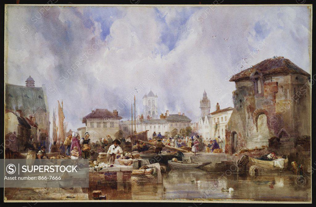 Stock Photo: 866-7666 The market on the quay, Bruges. Samuel Austin (1796-1834). Watercolour, 12 7/8 x 20 1/8in.