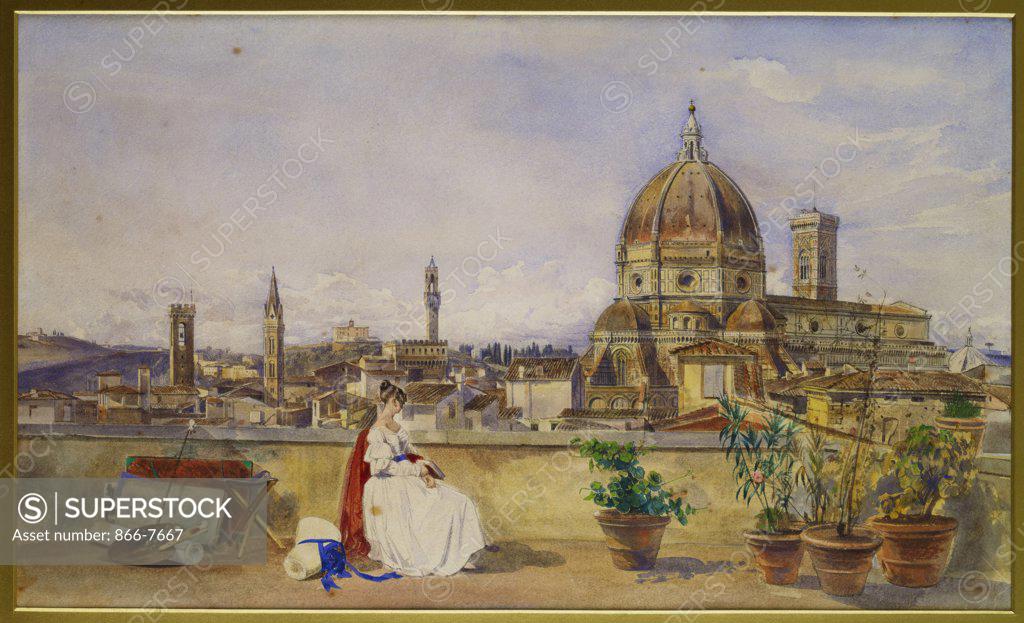 Stock Photo: 866-7667 A terrace overlooking Florence from the Via di Servi. Thomas Hartley Cromek (1809-1873). Watercolour, 12 x 20in.