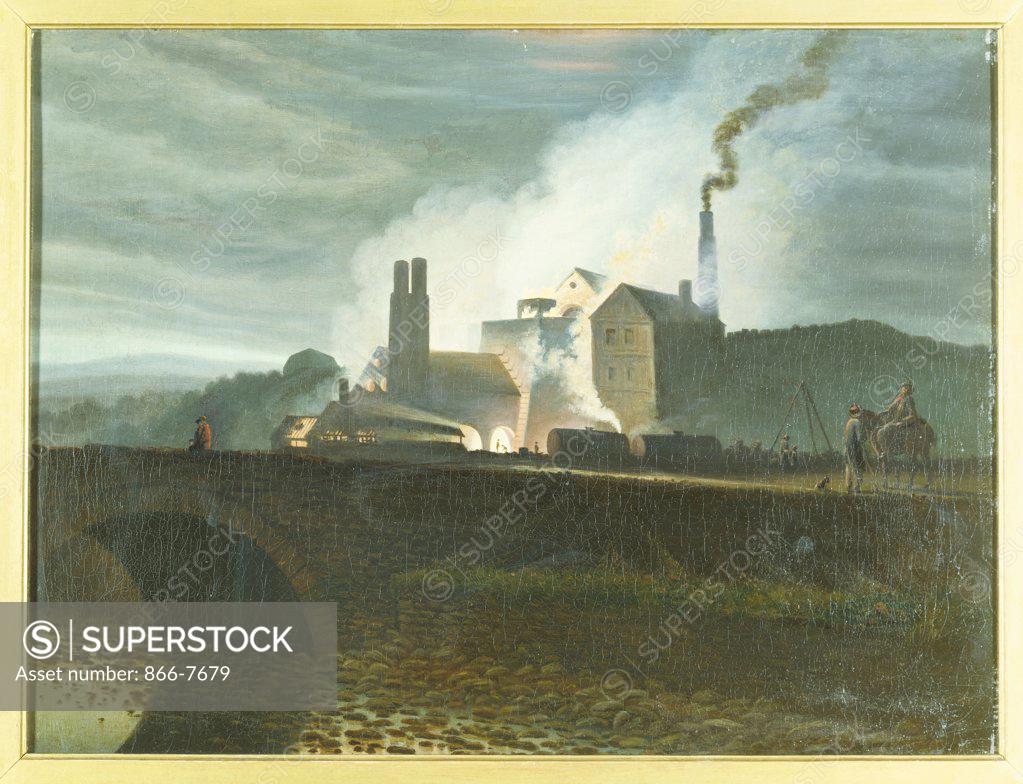 Stock Photo: 866-7679 Moonlit Landscapes, possibly of the Nantyglo Ironworks, Monmouthshire.   Penry Williams (1798-1885). Oil on canvas, 41.4 x 56.2cm.