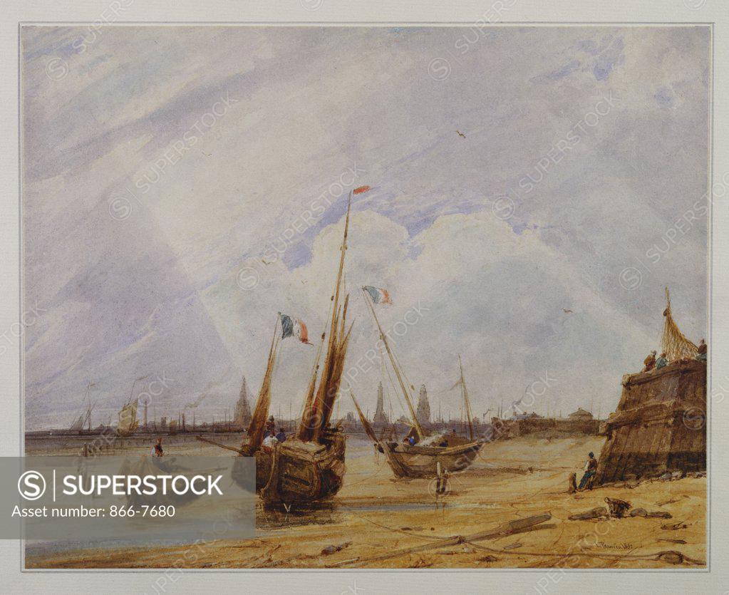 Stock Photo: 866-7680 Low Tide, Calais. Francois Louis Thomas Francia (1772-1839). Dated 1832, Pen And Brown Ink And Watercolour, On Whatman Paper, 10 X 12in.
