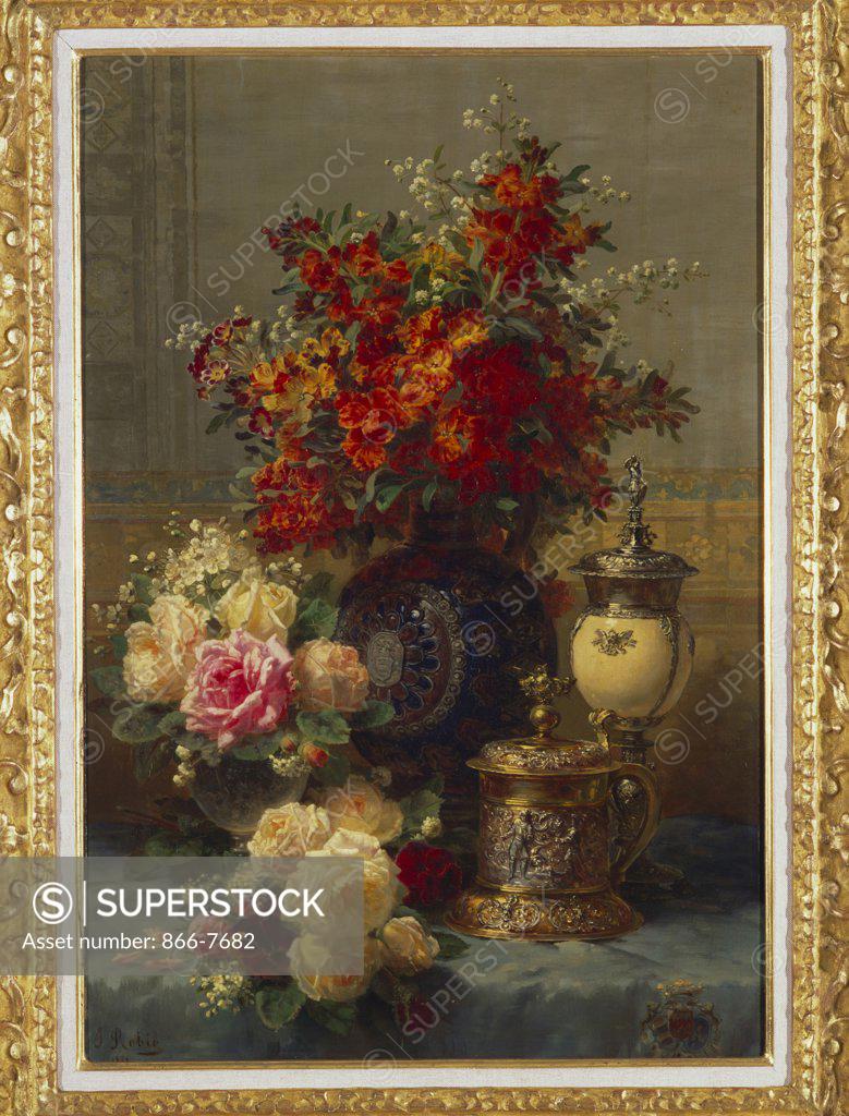 Stock Photo: 866-7682 Roses, Anemones And Peonies, Strawberries, A Silver-Gilt Ostrich Egg Cup And A German Gold-Gilt Tankard On A Draped Table. Jean-Baptiste Robie (1821-1910). Oil On Panel 85.7 X 58.7cm., Painted In 1880.