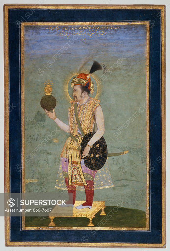 Stock Photo: 866-7687 The Emperor Jahangir (r.1605-1628). Mughal, 17th Century. Gouache heightened with gold on paper, miniature, 24.9 x 15cm.