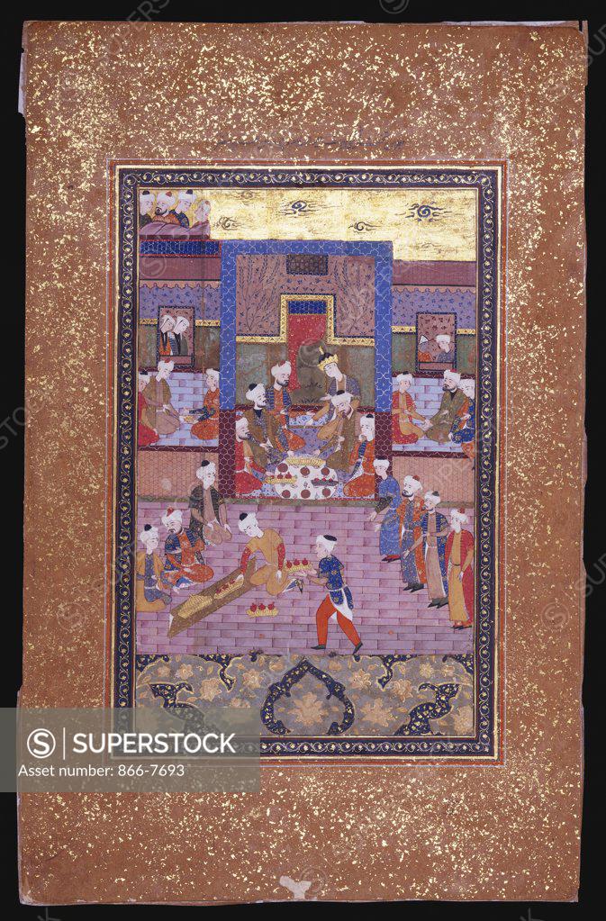 Stock Photo: 866-7693 Yusuf Entertained. Shiraz, circa 1580. Miniature, gouache heightened with gold on paper, 22.3 x 15.8cm.