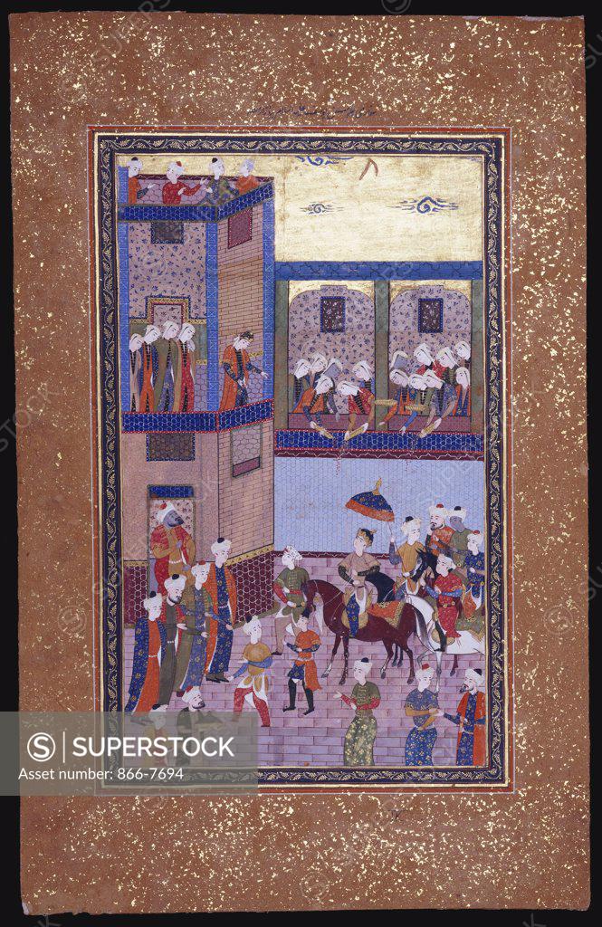 Stock Photo: 866-7694 Yusuf and his attendants enter the busy streets of Egypt. Shiraz, circa 1580. Gouache heightened with gold on paper, miniature, 22.3 x 15.8cm.