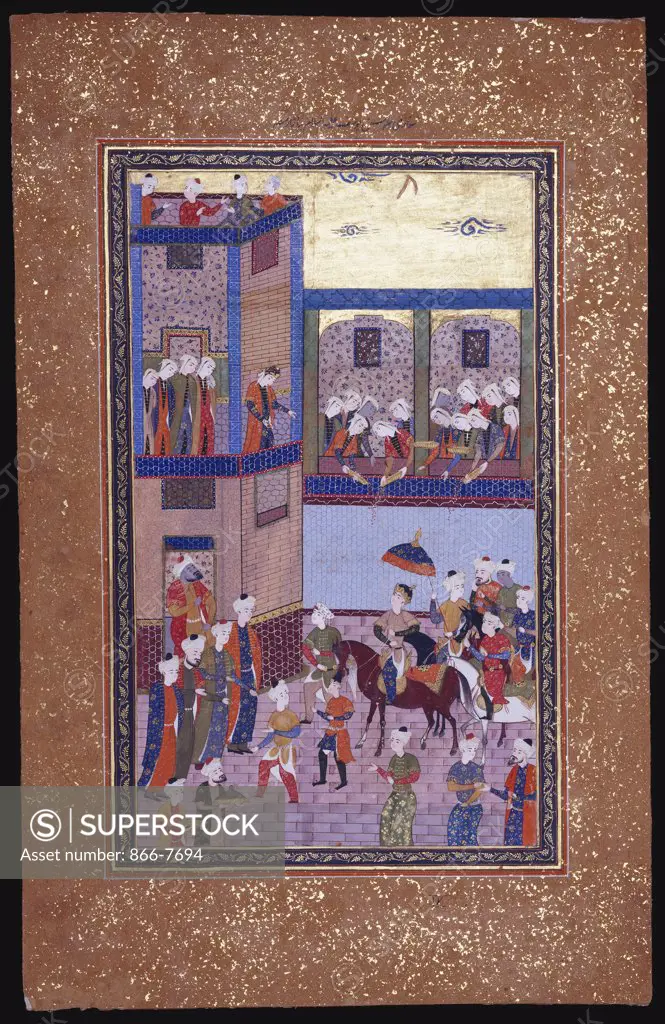 Yusuf and his attendants enter the busy streets of Egypt. Shiraz, circa 1580. Gouache heightened with gold on paper, miniature, 22.3 x 15.8cm.