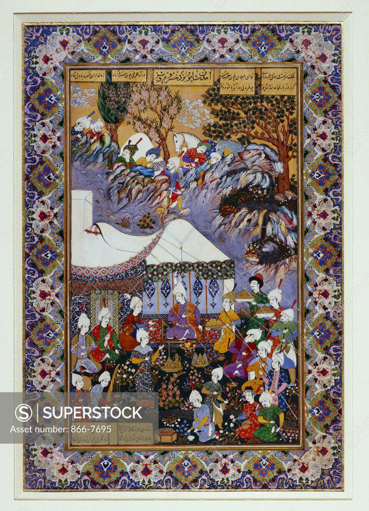 Stock Photo: 866-7695 Shapur approaches Khusrau Parviz. Persia, circa 1930. Gouache heightened with gold on paper, miniature, 31.8 x 19cm.