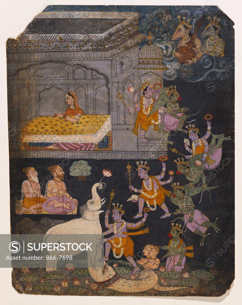Stock Photo: 866-7698 Illustration to a Gajendra Moksha series depicting Vishnu rescuing the elephant king. Mankot, circa 1720, dark palette, 29.9 x 23.2cm.