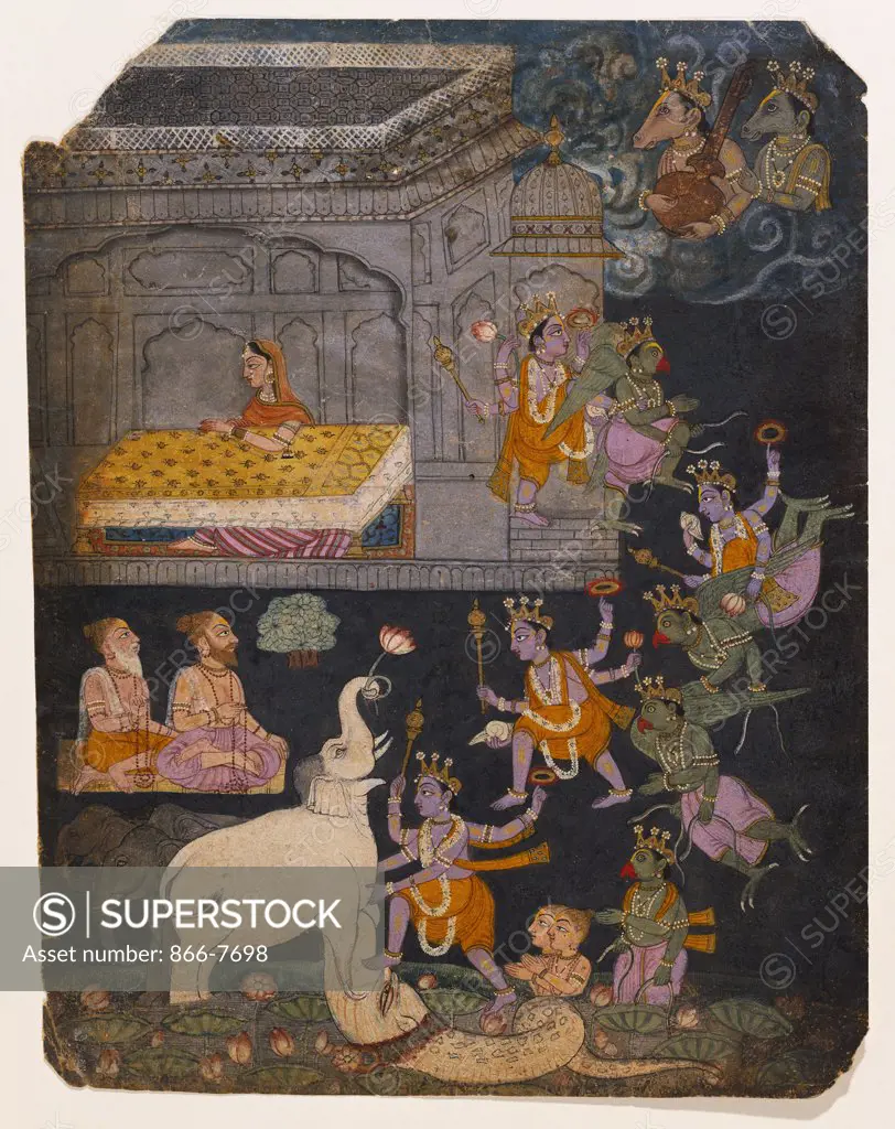 Illustration to a Gajendra Moksha series depicting Vishnu rescuing the elephant king. Mankot, circa 1720, dark palette, 29.9 x 23.2cm.