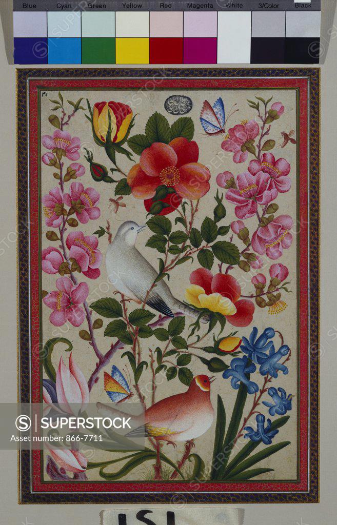 Stock Photo: 866-7711 Bird and flower study. Gouache on paper. 19th century, Qajar, Persia. Miniature, 26 x 17cm.