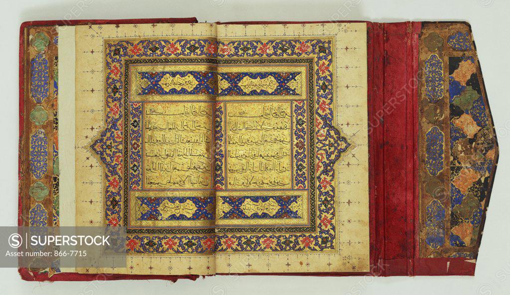 Stock Photo: 866-7715 Qur'an. Persia, 16th century. Manuscript, the decorated panels to each side with gold floral designs, gold discs between verses, outer coloured margins, with text on gold ground. Text: 21.6cm., folio: 33 x 23.5cm.