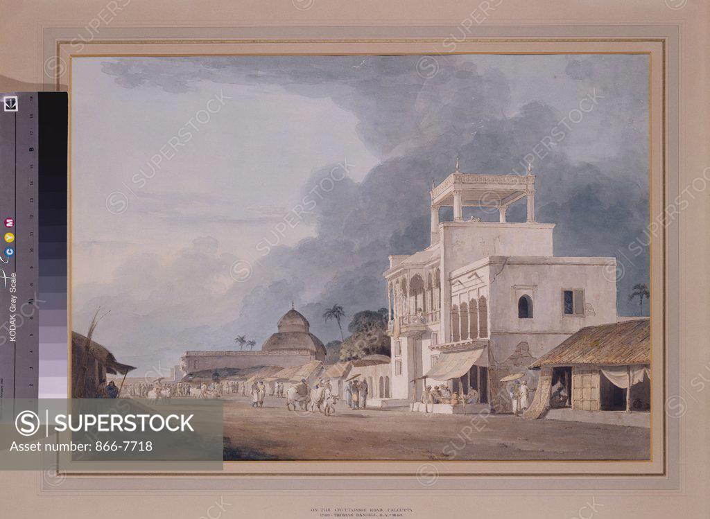 Stock Photo: 866-7718 View on the Chitpur Road, Calcutta. Thomas Daniell, R.A. (1749-1840) and William Daniell, R.A. (1769-1837). Pencil, pen and brown ink  and watercolour, within a black-lined border, on the artist's orginal mount, 43.8 x 62.3cm.
