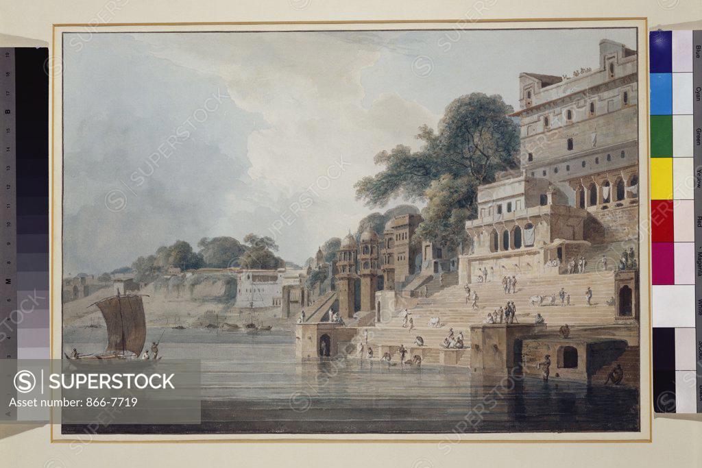 Stock Photo: 866-7719 Dasasvamedha Ghat, Benares (Varanasi), Uttar Pradesh. Thomas Daniell, R.A. (1749-1840), Will Daniell, R.A. (1769-1837).  Pencil and watercolour on the artist's original mount, 37.4 x 53.9cm.