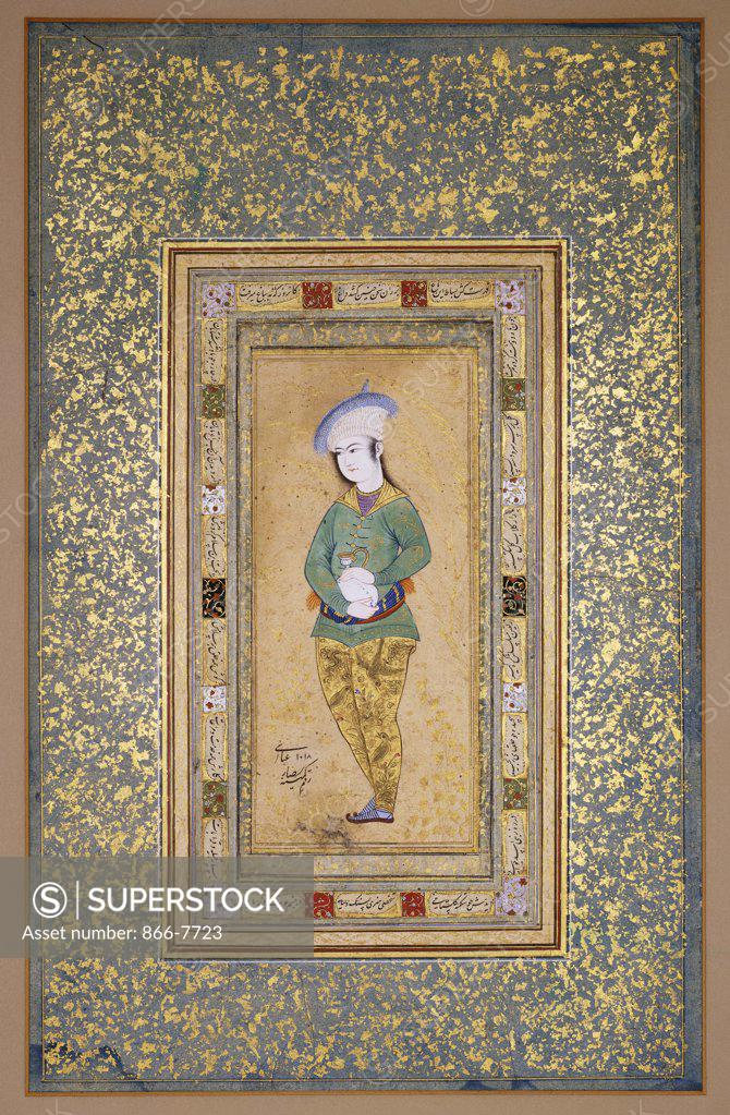 Stock Photo: 866-7723 Portrait of a youth. Reza Abbasi (1565-1635). Gouache heightened with gold on paper, miniature, mid-seventeenth century, 15.8 x 7cm.