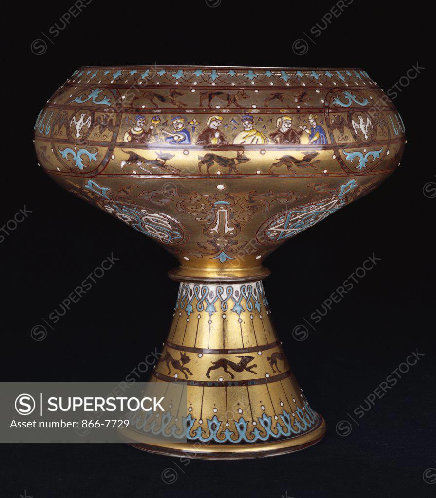Stock Photo: 866-7729 A fine brocaded enamelled glass footed bowl. The exterior enamelled with human figures and running animals. Circa 1860-70, 20.7cm high.