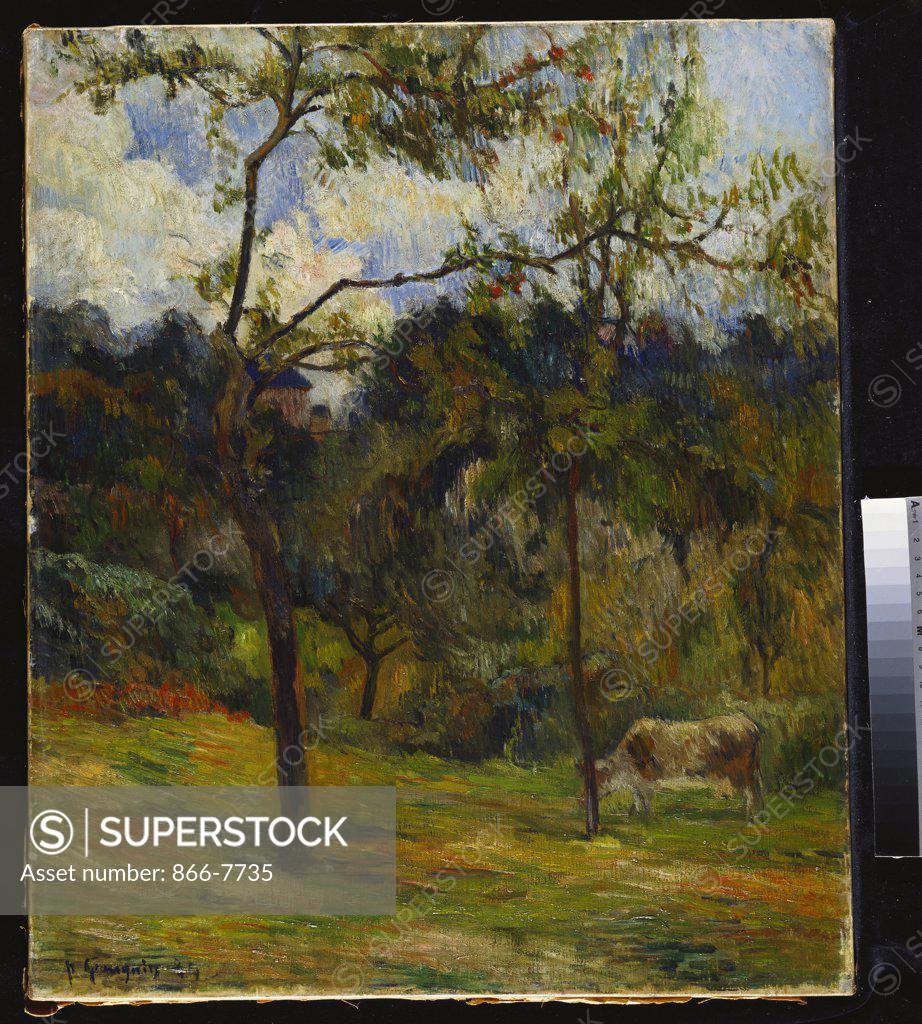 Stock Photo: 866-7735 Normandy Landscape; Paysage De Normandie; Vache Dans Un Pre. Paul Gauguin (1848-1903). Dated '84, Oil On Canvas, 55.5 X 46.3cm.