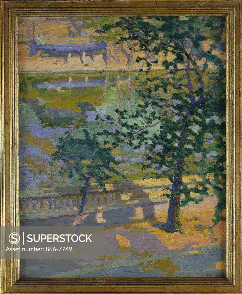 Stock Photo: 866-7749 Summer Embankment. Dorothy A. Cadman (Fl. 1914-1927). Oil on canvas, 19 x 14 1/2in.