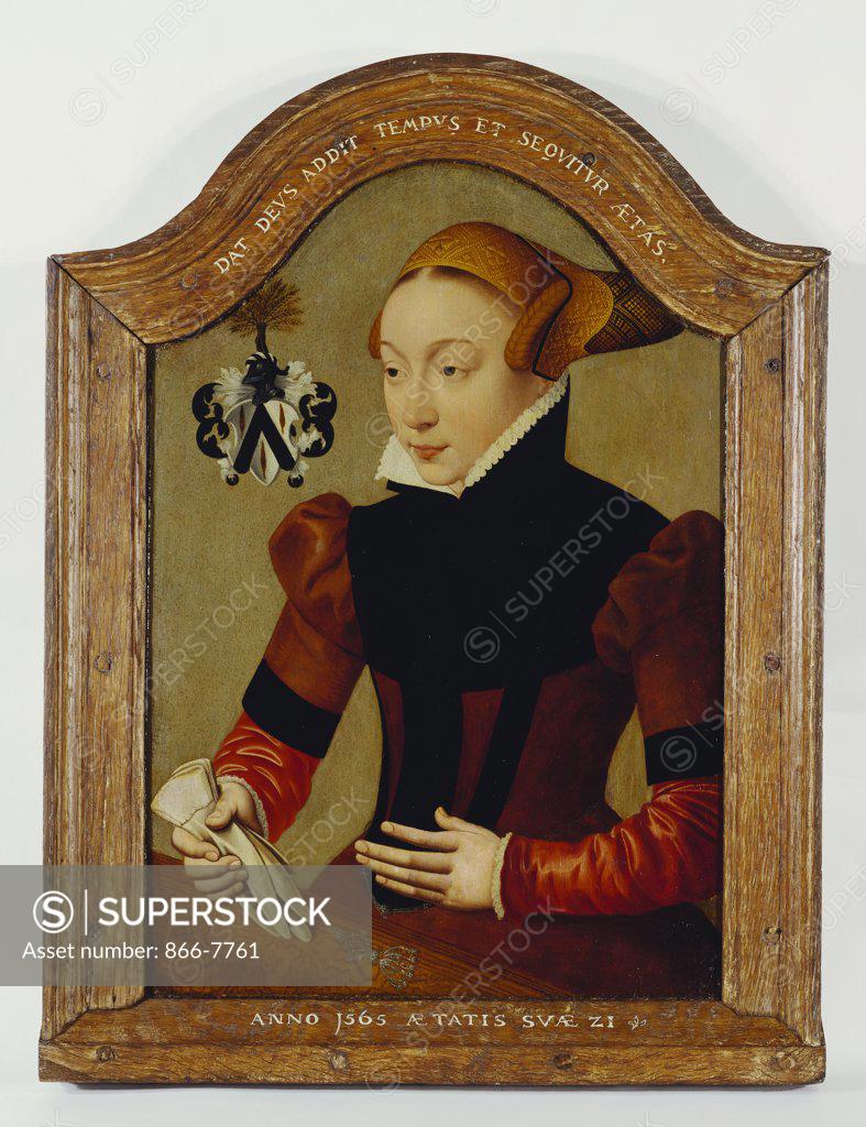 Stock Photo: 866-7761 Portrait of the wife of  Dr.Nicolaus von Gail, Sophia Von Wedigh, aged Twenty-One, half length, wearing a Brown Dress and Holding Gloves, by a Table.  Bartholomaus Bruyn, the Younger (c.1530-c.1610). Oil on panel, 1565