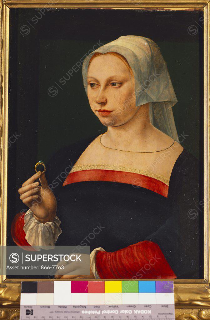 Stock Photo: 866-7763 Portrait of a Lady, half length, wearing a Dark Dress with Red Sleeves and a Headress, and Holding a Ring. Circle of Jan van Scorel (1495-1562). Oil on panel, 37 x 27 Cm.