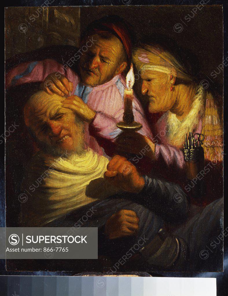 Stock Photo: 866-7765 The Sense of Touch: The Stone Pperation. Rembrandt Harmensz. van Rijn (1606-1669). Oil on panel, 21.6 x 17.7cm.