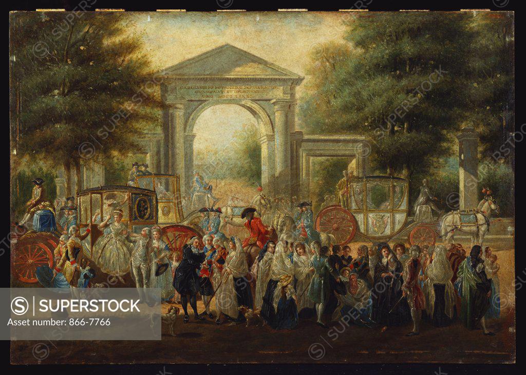 Stock Photo: 866-7766 Elegant Ladies, Courtiers,  Priests and Soldiers congregating outside the Portalada de Villanueva of the Jardin Botanico on the Prado de San Jeronimo, Madrid. Luis Paret y Alcazar (1746-1799). Oil on panel, 41.5 x 59.2cm.
