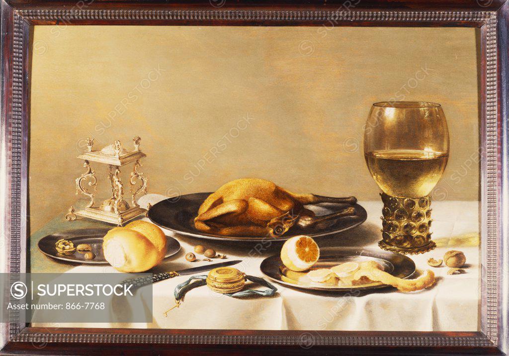 Stock Photo: 866-7768 A Still Life with a Roemer, a Salt Cellar, a Plucked Chicken and a Peeled Lemon on Pewter Plates, a Verge Watch and a Bread Roll on a Draped Table. Pieter Claesz (1597-1660). Dated 1630, oil on panel, 49.5 x 73.6cm.