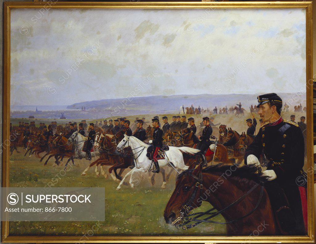 Stock Photo: 866-7800 Field Artillery at the Gallop, near Aarhus.  Rasmus Christiansen (1863 -1940). Oil on canvas, painted in 1887. 124 x 161.3cm.