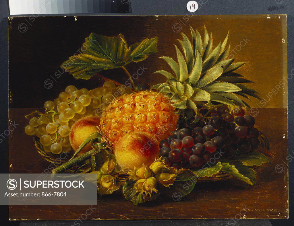 Stock Photo: 866-7804 Grapes, Peaches, Hazelnuts and a Pineapple in a Basket. Johan Laurentz Jensen (1800-1856). Oil on panel, 34 x 46.7cm.