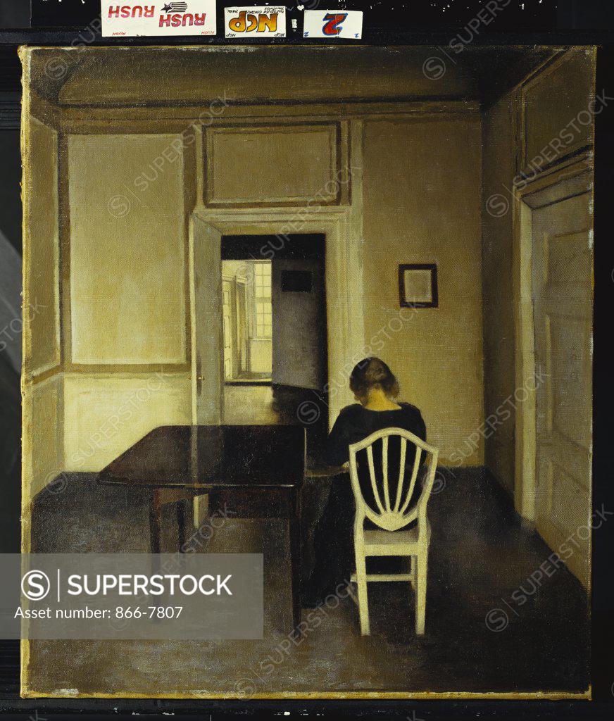 Stock Photo: 866-7807 Interior with a Woman Seated on a White Chair. Vilhelm Hammershoi (1864-1916). Oil on canvas, 1900, 57 x 49cm.