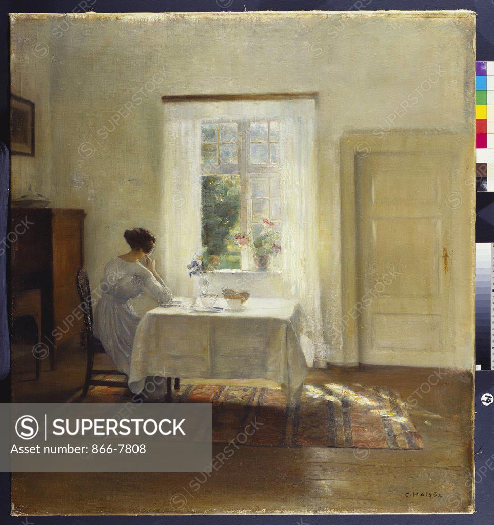 Stock Photo: 866-7808 A Woman Seated at a Table by a Window.  Carl Holsoe (1863-1935). Oil on canvas, 78.7 x 72.7cm.