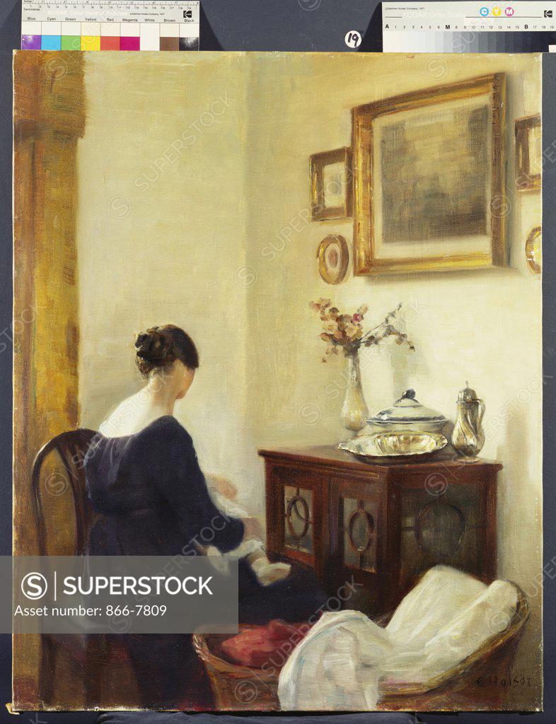 Stock Photo: 866-7809 A Mother and a Child in an Interior. Carl Holsoe (1863-1935). Oil on canvas, 75.5 x 60.5cm.