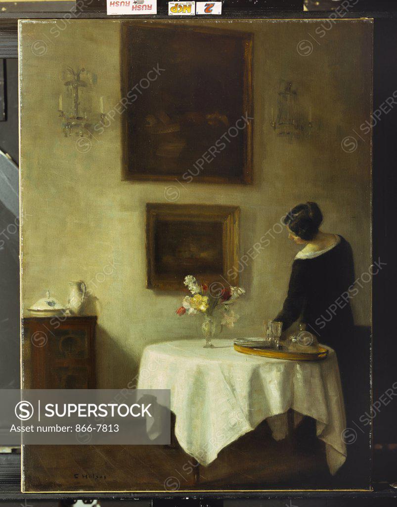Stock Photo: 866-7813 A Woman by a Dining Table.  Carl Holsoe (1863-1935). Oil on canvas, 95.2 x 71cm.