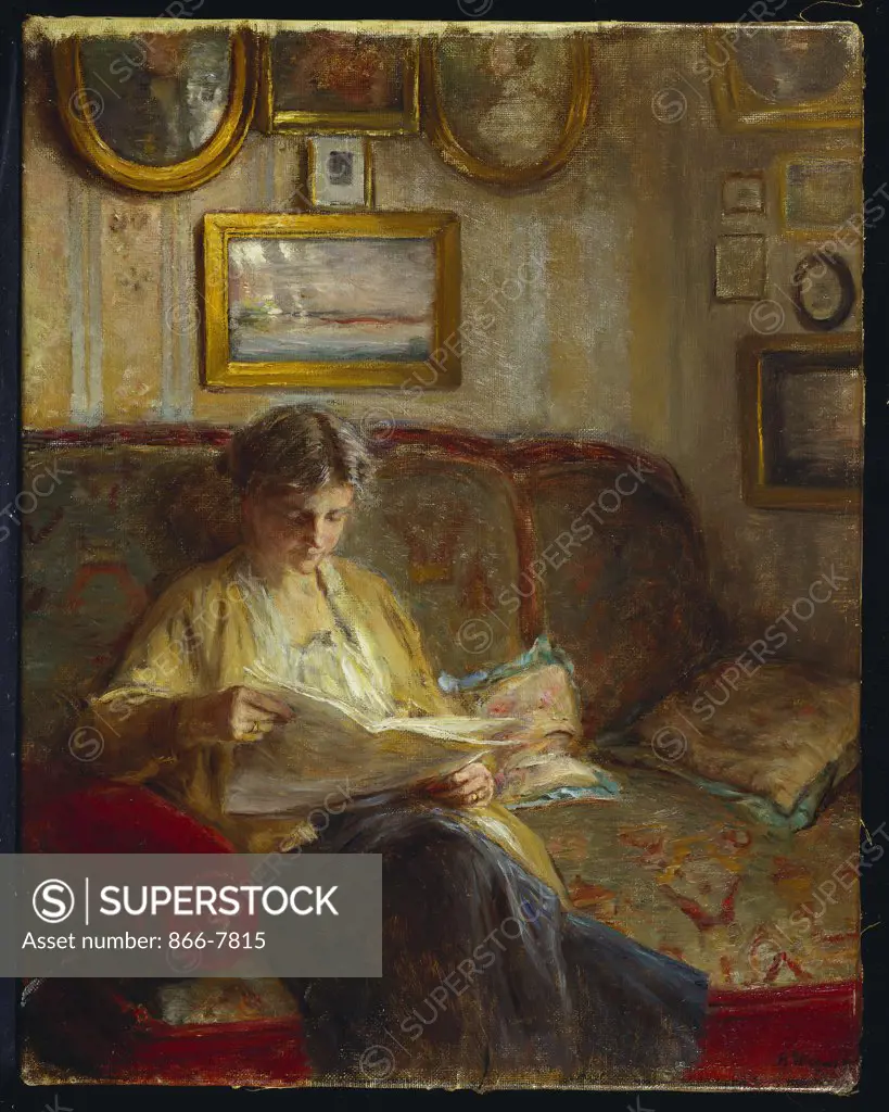 An Interior with a Woman Reading on a Sofa. Bertha Wegmann (1847-1926). Oil on canvas, 52.7 x 41.5cm.