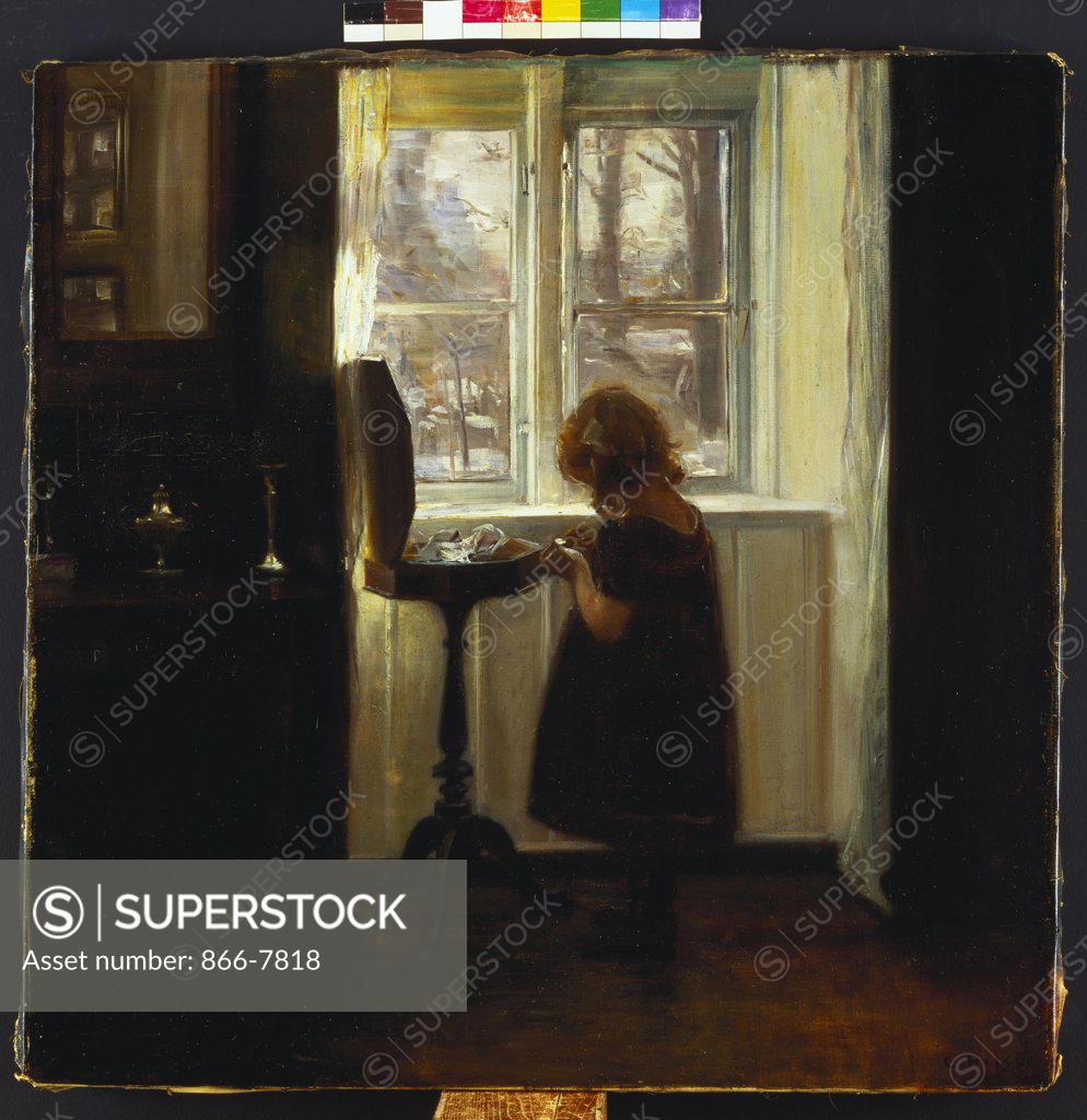 Stock Photo: 866-7818 A Girl Standing by a Sewing Table. Carl Holsoe (1863-1935). Oil on canvas,  58.5 x 58.5cm.