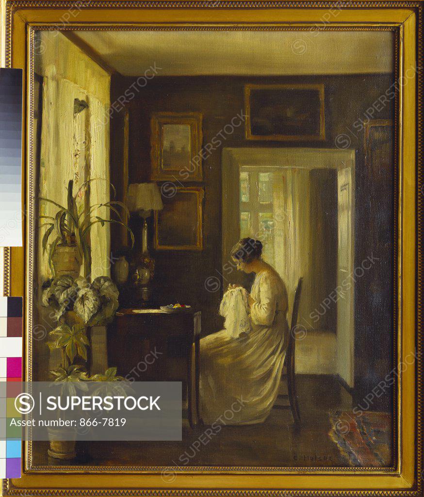 Stock Photo: 866-7819 An Interior with a Woman Sewing.  Carl Holsoe (1863-1935). Oil on canvas,  50 x 42.5cm.