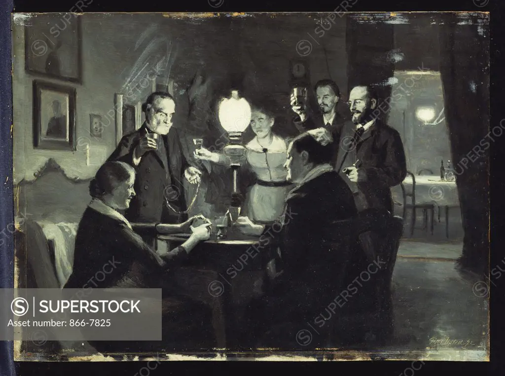 The Celebration. Peter Ilsted (1861-1933). En grisaille on Panel, dated 1892, 29.5 x 40.5cm.