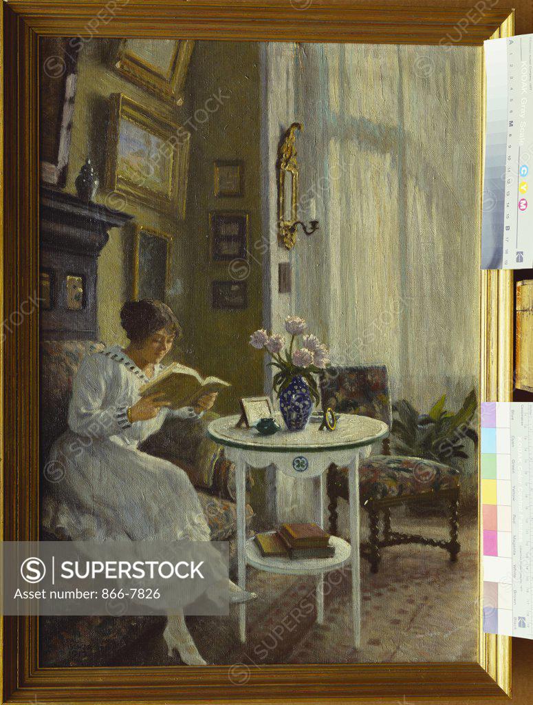 Stock Photo: 866-7826 The Afternoon Read. Paul Fischer (1860-1934). Oil on canvas, dated 1917, 55 x 39.5cm.