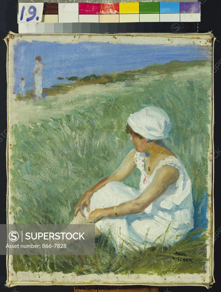 Stock Photo: 866-7828 On The Beach. Paul Fischer (1860-1934). Oil on canvas, 27.9 x 22.8cm.