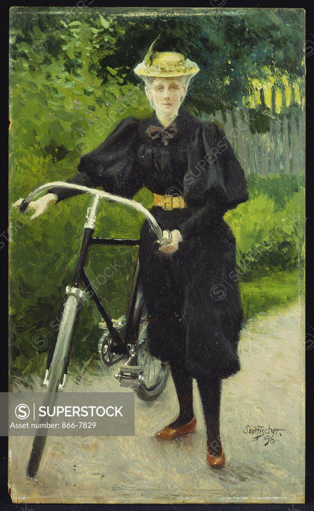 Stock Photo: 866-7829 An Elegant Lady with a Bicycle.  Paul Fischer (1860-1934). Oil on panel, dated 1896, 22.2 x 13.2cm.