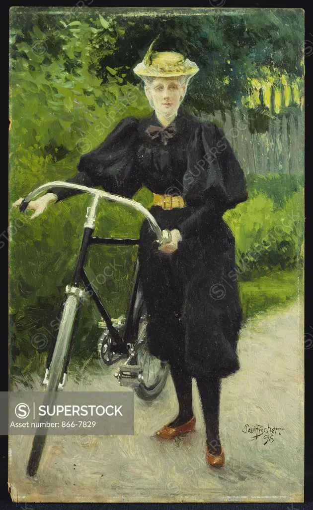 An Elegant Lady with a Bicycle.  Paul Fischer (1860-1934). Oil on panel, dated 1896, 22.2 x 13.2cm.