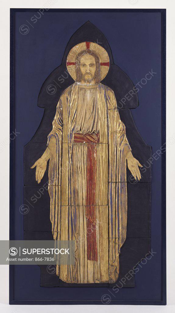 Stock Photo: 866-7836 Christ - from a group of seven plaster bas-reliefs, for the Park Church, Glasgow. Robert Anning Bell, R.A. (1863-1933). Polychrome with gilding, mounted in wooden frame, dated 1903, 163cm. X 87cm each.