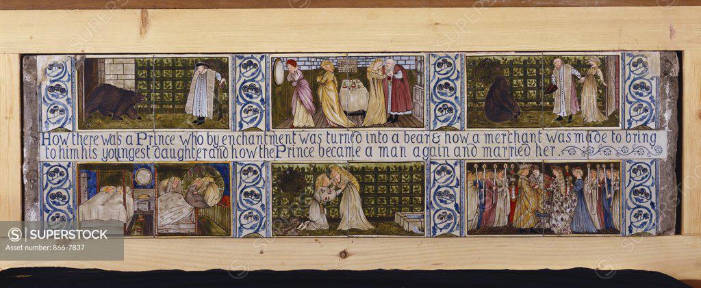 Stock Photo: 866-7837 Beauty and the Beast', a rare and important Morris, Marshall, Faulkner & Co. Tile panel, designed by Sir Edward Burne-Jones (1833-1898) and hand painted by Lucy Faulkner (1839-1910). Six scenes illustrating the fairy tale. Morris, Marshall, Faulkner & co. 35.8cm x 122cm.