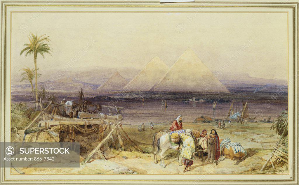 Stock Photo: 866-7842 On the Nile, Egypt. William Clarkson Stanfield, R.A. (1793-1867). Dated 1846, Pencil and watercolour heightened with white, 222 x 368mm.