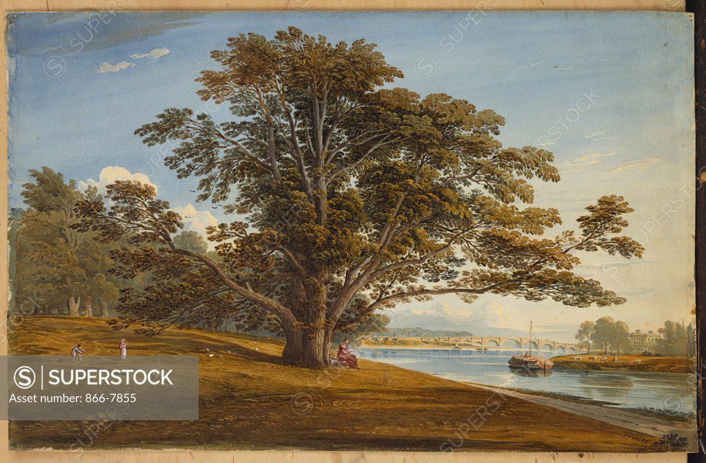 Stock Photo: 866-7855 On the Thames. John Varley (1772-1842). Pencil and watercolour, 1842. 12 x 18.5 in