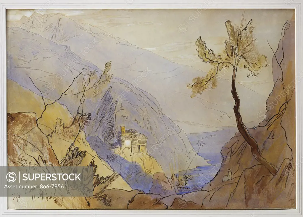 The Monastery of St. Dionysius, Mount Athos.  Edward Lear (1812-1888). Dated 11th September, 1856,  pencil, pen and brown ink and watercolour, 14 5/8 x 20 7/8in.