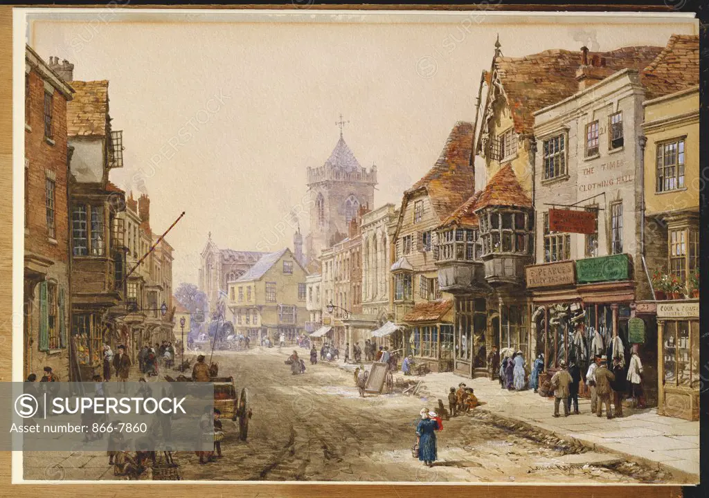 The High Street, Salisbury. Louise Rayner (1832-1924). Watercolour and bodycolour, 10 1/2 x 15 1/8in.